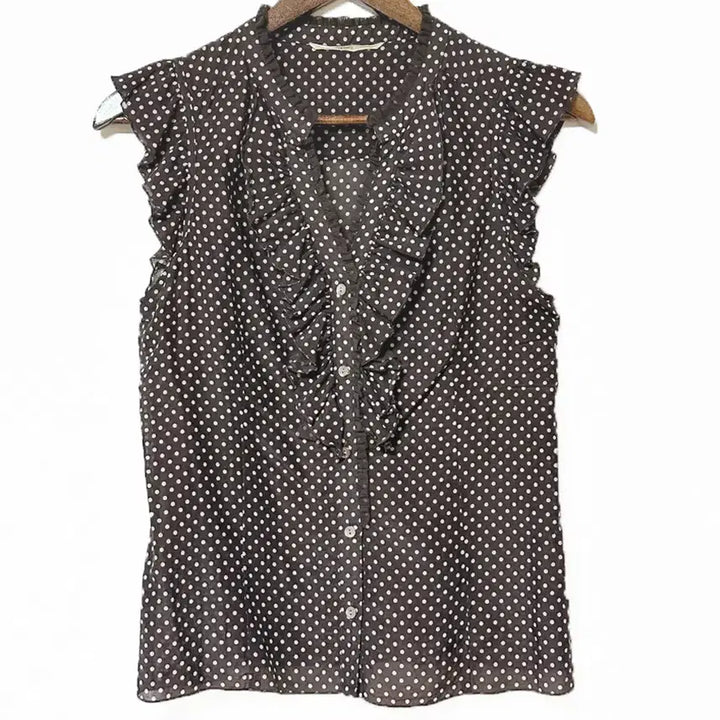 [BUNJANG] Vintage Brown Polka Dot Blouse with Frill Cap Sleeves and Shirring Neck / 일본빈티지프릴캡소매셔링넥도트땡땡이블라우스티브라운모리걸하구미룩갸루y2k히피