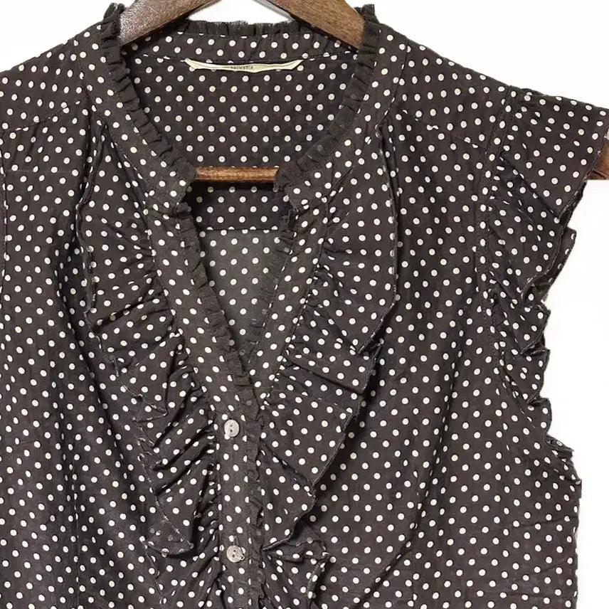 [BUNJANG] Vintage Brown Polka Dot Blouse with Frill Cap Sleeves and Shirring Neck / 일본빈티지프릴캡소매셔링넥도트땡땡이블라우스티브라운모리걸하구미룩갸루y2k히피