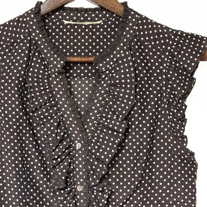 [BUNJANG] Vintage Brown Polka Dot Blouse with Frill Cap Sleeves and Shirring Neck / 일본빈티지프릴캡소매셔링넥도트땡땡이블라우스티브라운모리걸하구미룩갸루y2k히피