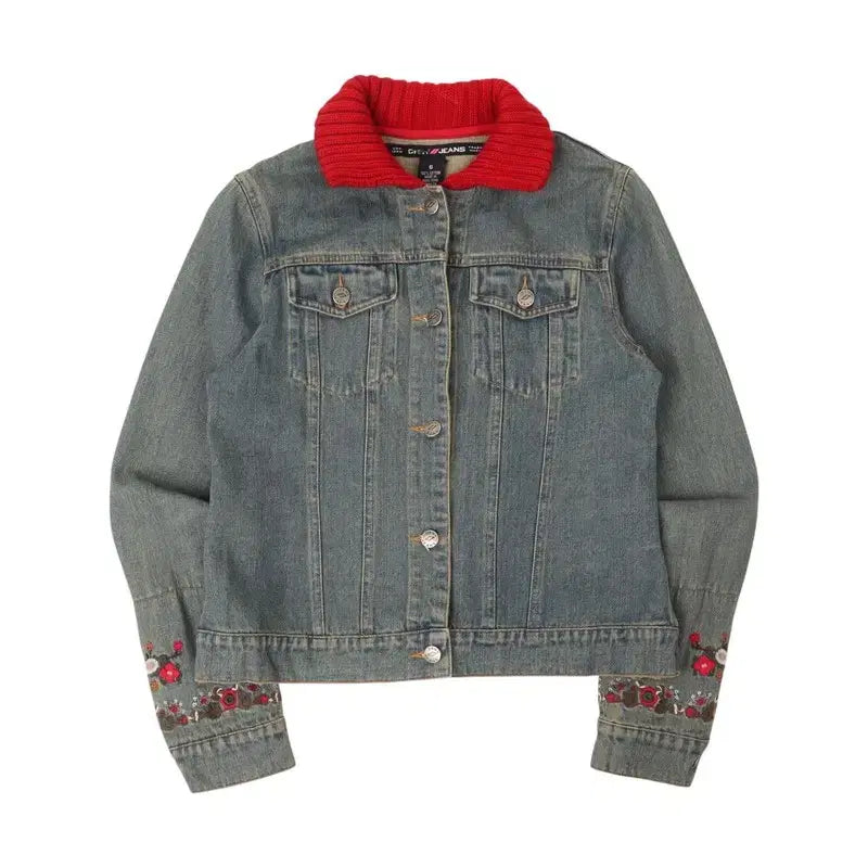 [BUNJANG] DKNY Jeans Flower Knit Panel Denim Jacket / 디케이엔와이 진스 플라워 니트패널 데님자켓