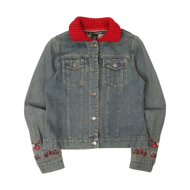 [BUNJANG] DKNY Jeans Flower Knit Panel Denim Jacket / 디케이엔와이 진스 플라워 니트패널 데님자켓