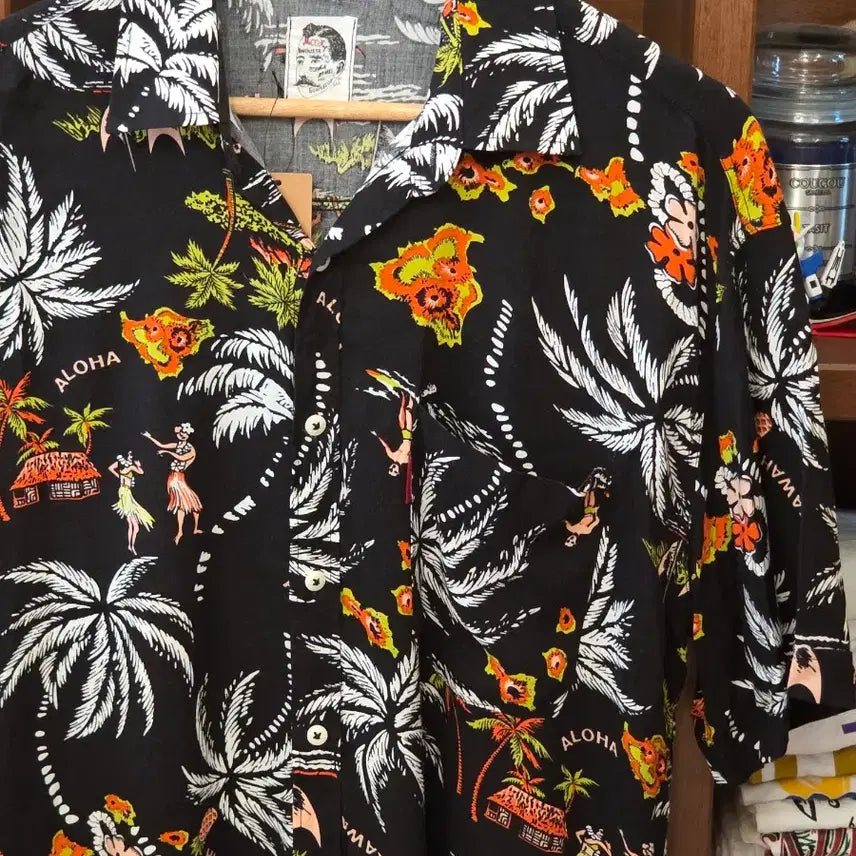 [BUNJANG] McCOY by Gill Hawaiian Shirt - Black Palm Tree &amp; Hula Dancer Print / 90 vintage McCOY by Gill 하와이안 셔츠
