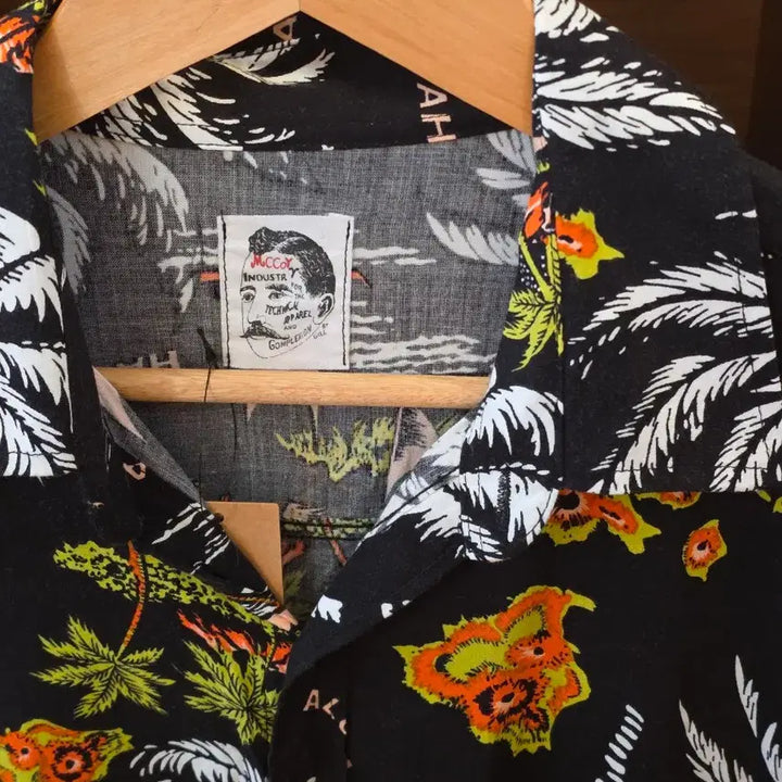 [BUNJANG] McCOY by Gill Hawaiian Shirt - Black Palm Tree &amp; Hula Dancer Print / 90 vintage McCOY by Gill 하와이안 셔츠
