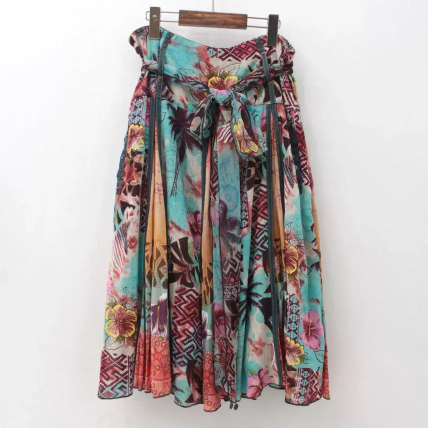 [BUNJANG] Vintage Bohemian Pattern Flare Ribbon Long Skirt / 일본 빈티지 보헤미안 패턴 플레어 리본 롱 스커트