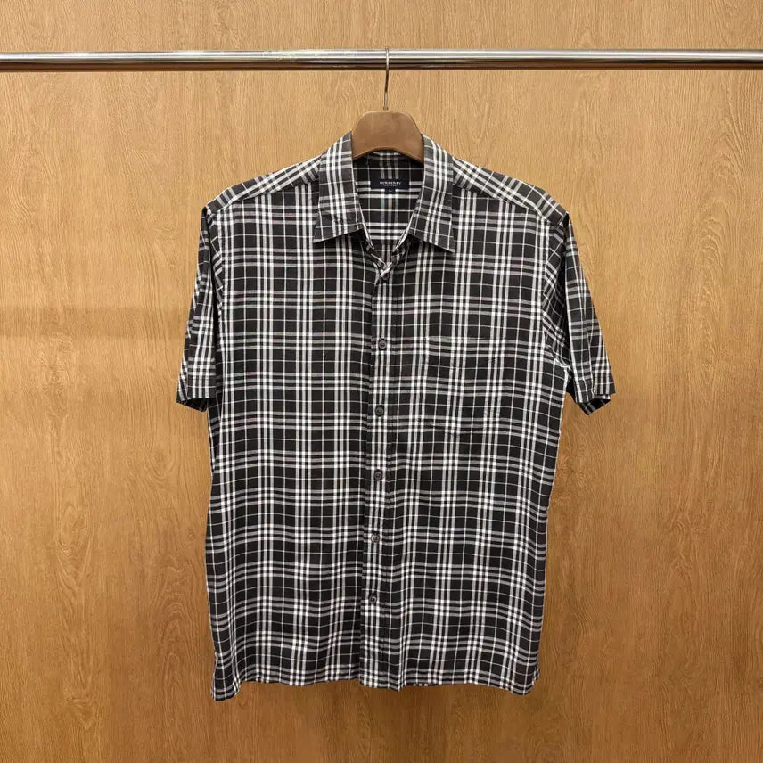 [BUNJANG] Burberry London Classic Check Pattern Detail Short Sleeve Shirt / 버버리 런던 반팔 셔츠 클래식 체크 패턴 디테일 블랙 화이트 배색