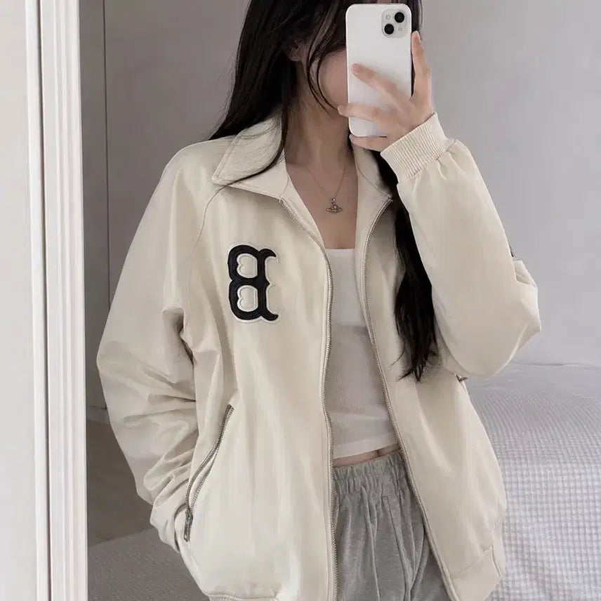 [BUNJANG] MLB Leather Jacket Ivory Large / MLB 레더자켓 아이보리색상 팝니다