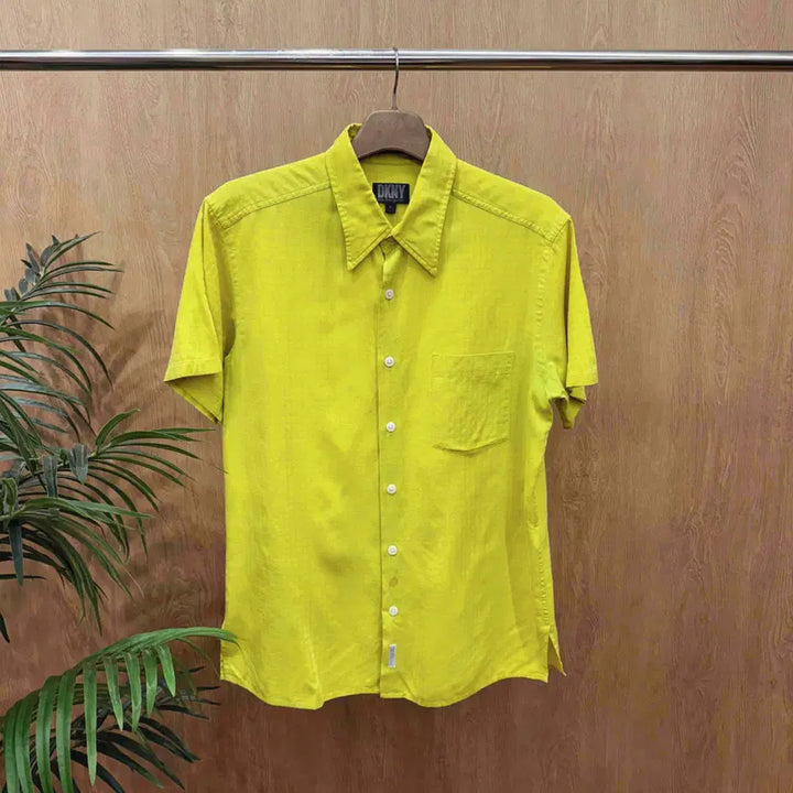 [BUNJANG] DONAKARAN Open Collar Minimal Pocket Detail Short Sleeve Shirt / 도나카란 반팔 셔츠 오픈카라 미니멀 포켓 디테일 라임 옐로우