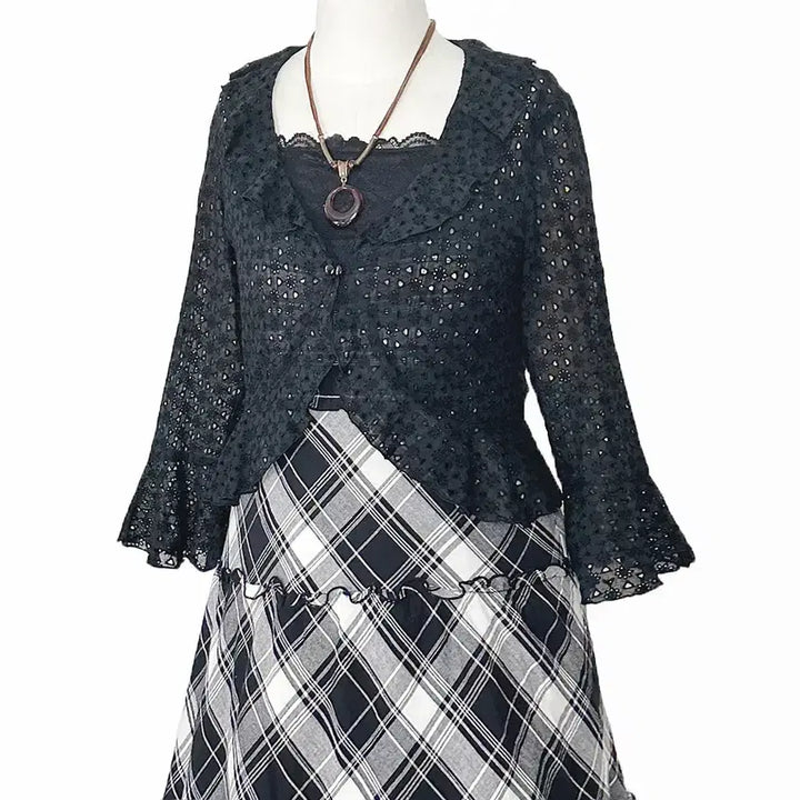 [BUNJANG] Rest Rose Punch Ruffle Shirring Short Jacket Black Vintage / 일본빈티지 레스트로즈 펀칭러플셔링숏자켓 블랙 모리걸하구미룩갸루y2k히피