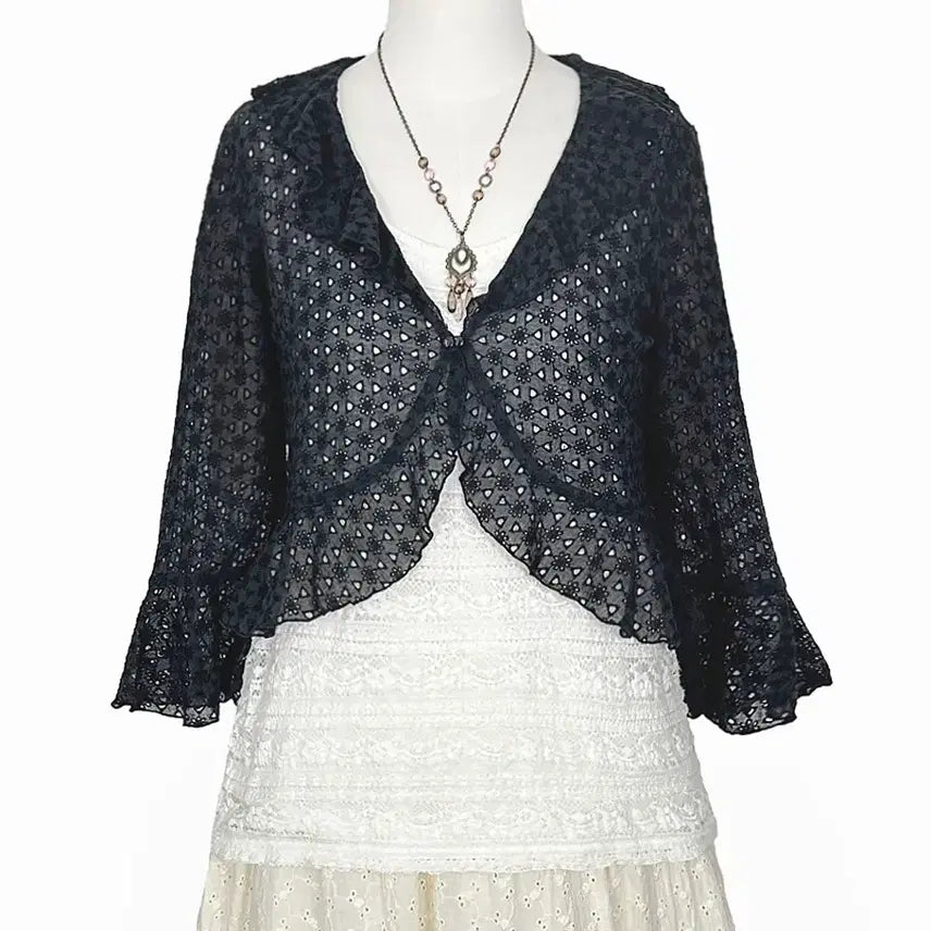 [BUNJANG] Rest Rose Punch Ruffle Shirring Short Jacket Black Vintage / 일본빈티지 레스트로즈 펀칭러플셔링숏자켓 블랙 모리걸하구미룩갸루y2k히피