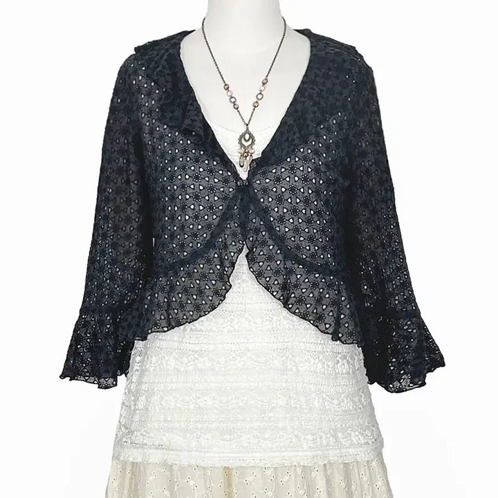[BUNJANG] Rest Rose Punch Ruffle Shirring Short Jacket Black Vintage / 일본빈티지 레스트로즈 펀칭러플셔링숏자켓 블랙 모리걸하구미룩갸루y2k히피