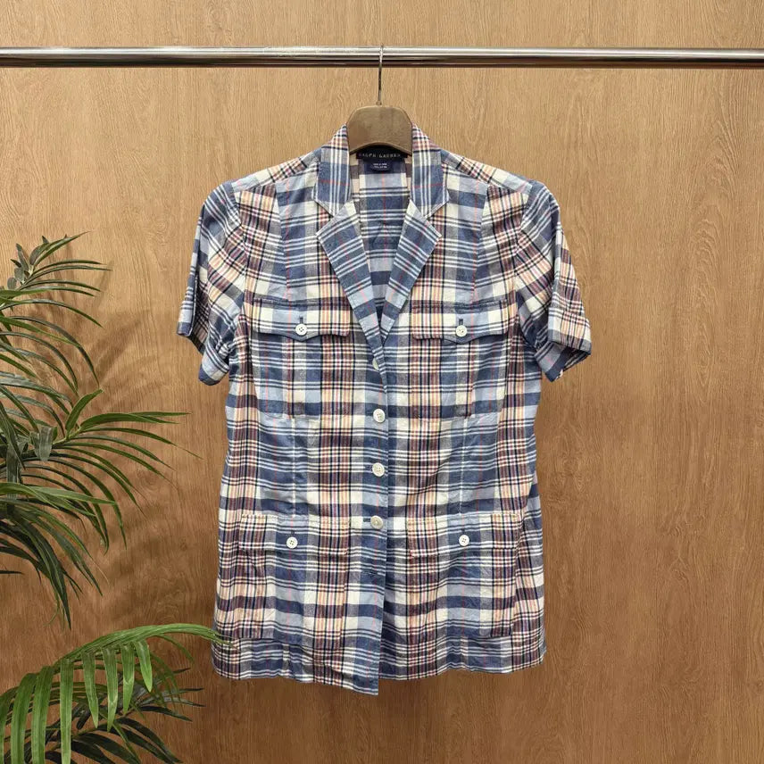 [BUNJANG] Polo Ralph Lauren Multi-Check Safari Short Sleeve Shirt Open Collar Blue / 폴로 랄프로렌 멀티 체크 사파리 반팔 셔츠 오픈카라 포켓 디테일 블루