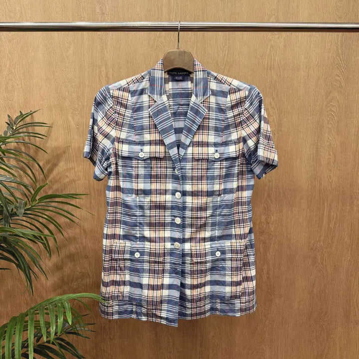 [BUNJANG] Polo Ralph Lauren Multi-Check Safari Short Sleeve Shirt Open Collar Blue / 폴로 랄프로렌 멀티 체크 사파리 반팔 셔츠 오픈카라 포켓 디테일 블루