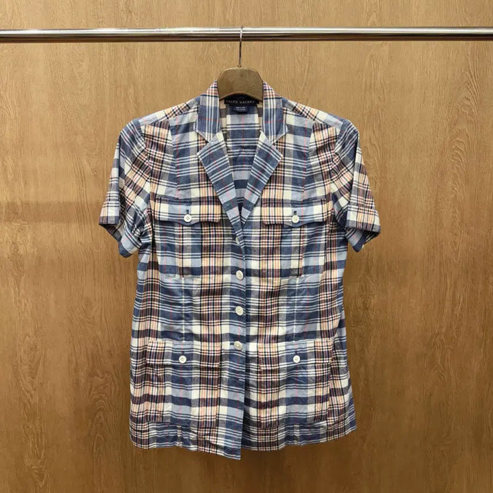 [BUNJANG] Polo Ralph Lauren Multi-Check Safari Short Sleeve Shirt Open Collar Blue / 폴로 랄프로렌 멀티 체크 사파리 반팔 셔츠 오픈카라 포켓 디테일 블루