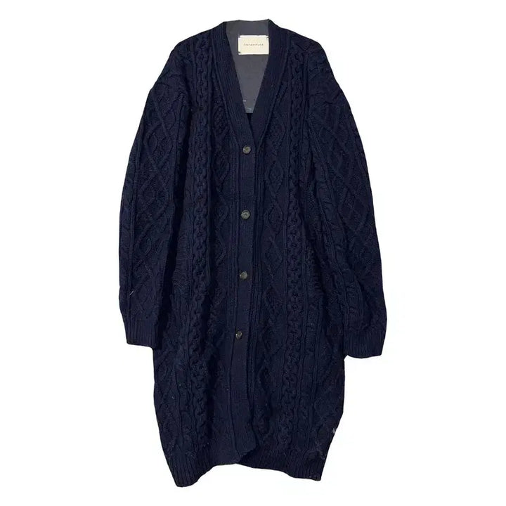 [BUNJANG] Instant Funk Navy Wool Cable Knit Cardigan / 인스턴트 펑크 네이비 울 케이블 니트 가디건 FREE