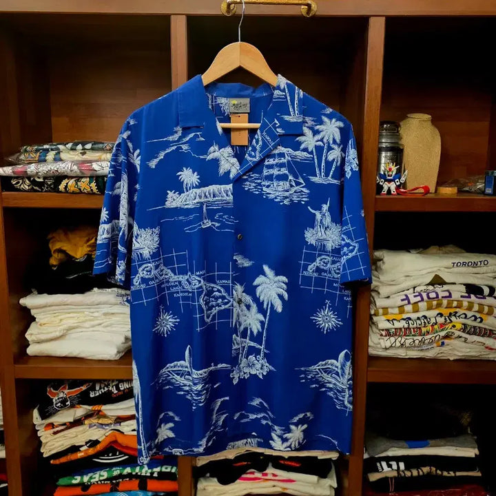 [BUNJANG] 90s Royal Creations Hawaiian Shirt - Ocean Blue Map &amp; Palm Tree Pattern / 90s Royal Creations Made in Hawaii