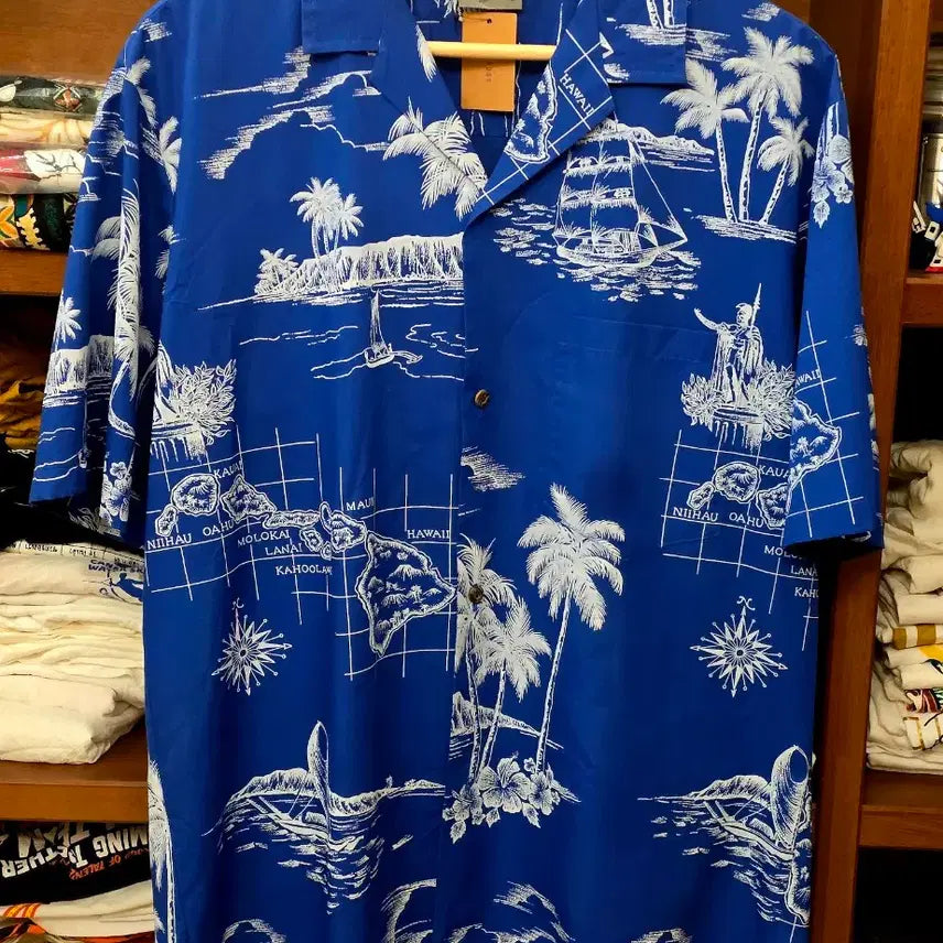[BUNJANG] 90s Royal Creations Hawaiian Shirt - Ocean Blue Map &amp; Palm Tree Pattern / 90s Royal Creations Made in Hawaii