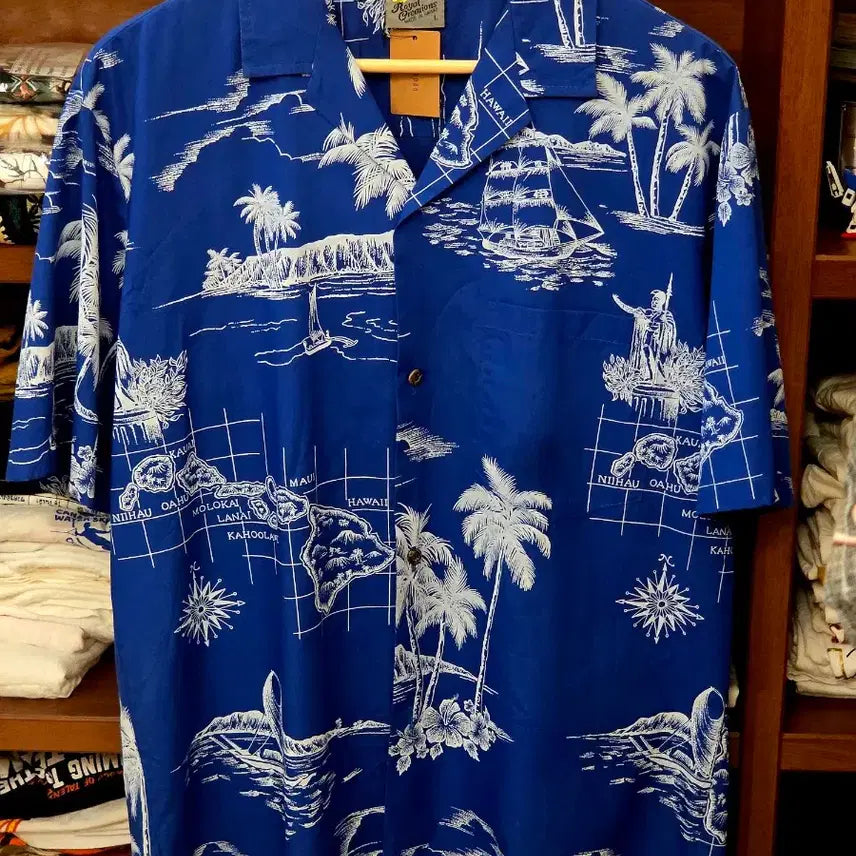 [BUNJANG] 90s Royal Creations Hawaiian Shirt - Ocean Blue Map &amp; Palm Tree Pattern / 90s Royal Creations Made in Hawaii
