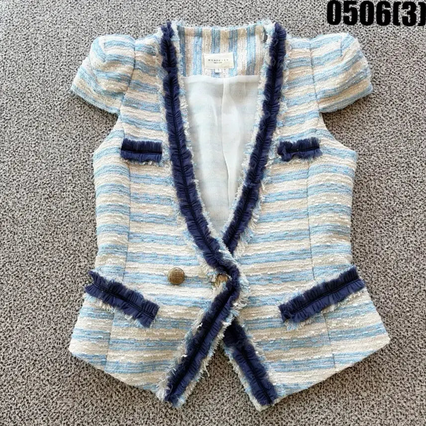 [BUNJANG] Tweed Short Sleeve Jacket Blue Stripe / S 트위드 반팔 자켓 블루 스트라이프 0506(3)