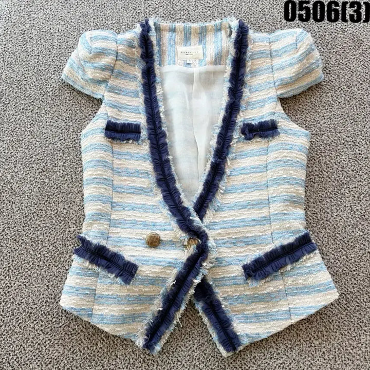 [BUNJANG] Tweed Short Sleeve Jacket Blue Stripe / S 트위드 반팔 자켓 블루 스트라이프 0506(3)