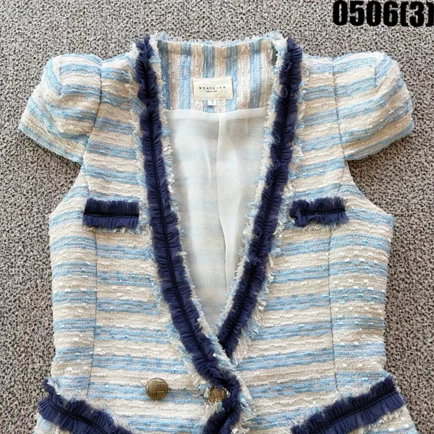 [BUNJANG] Tweed Short Sleeve Jacket Blue Stripe / S 트위드 반팔 자켓 블루 스트라이프 0506(3)
