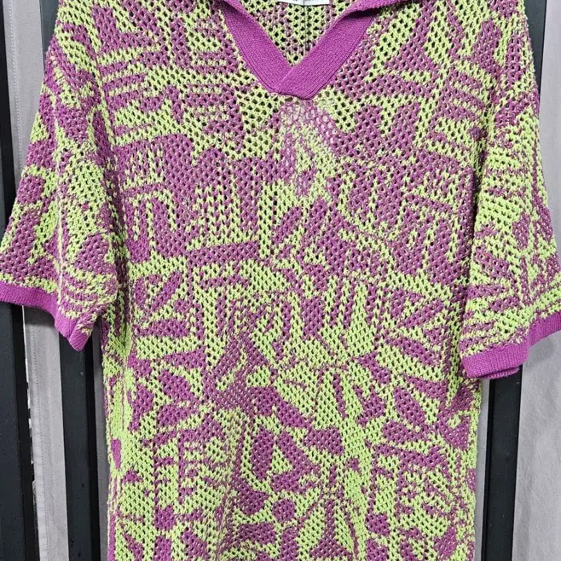 [BUNJANG] Zara Purple/Lime Pattern Knit Oversized Short Sleeve T-shirt M / (새상품)자라 퍼플/라임 패턴 니트 오버핏 반팔티 M