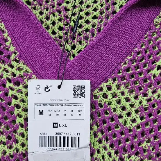 [BUNJANG] Zara Purple/Lime Pattern Knit Oversized Short Sleeve T-shirt M / (새상품)자라 퍼플/라임 패턴 니트 오버핏 반팔티 M
