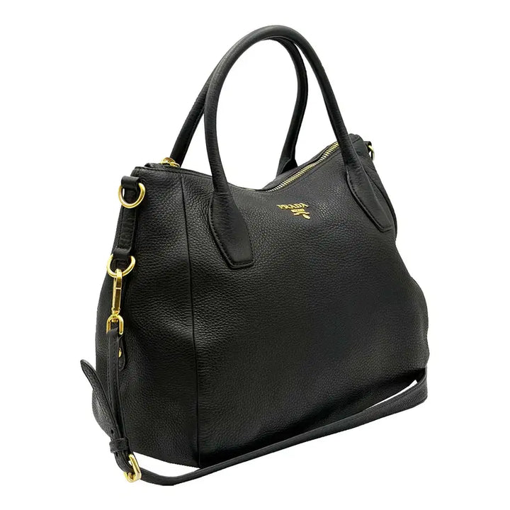 [BUNJANG] Prada Vitello Daino BR4992 Gold Logo 2-Way Bag Black / 프라다 Prada BR4992 블랙 비텔로 다이노 금장 로고 2WAY