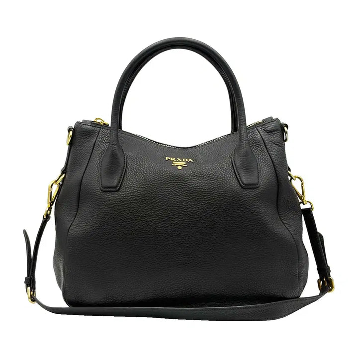 [BUNJANG] Prada Vitello Daino BR4992 Gold Logo 2-Way Bag Black / 프라다 Prada BR4992 블랙 비텔로 다이노 금장 로고 2WAY