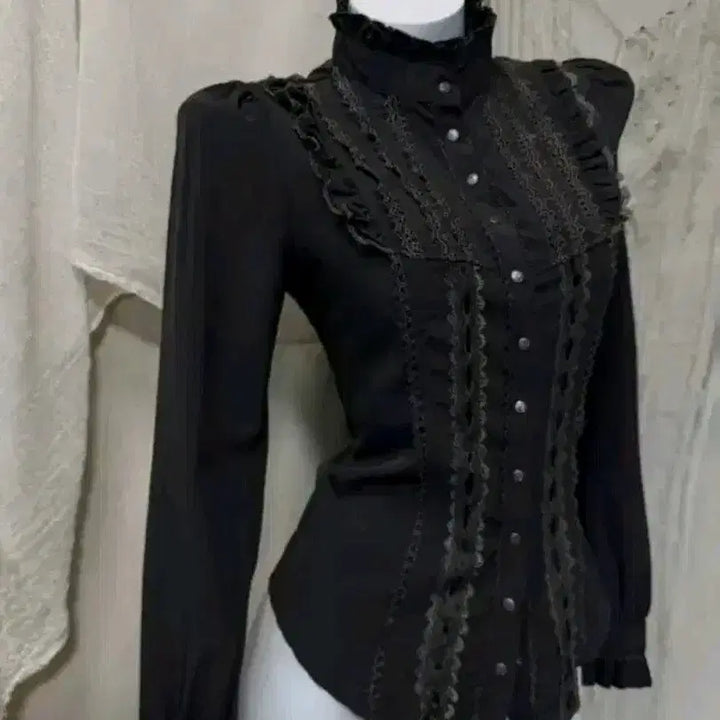 [BUNJANG] Ozzon Charcoal Brown Black Frill Corset Eyelet Lace Gothic Blouse / 오즈온 Ozzon 차콜브라운블랙 프릴 코르셋 아일렛 레이스 고딕 블라우스