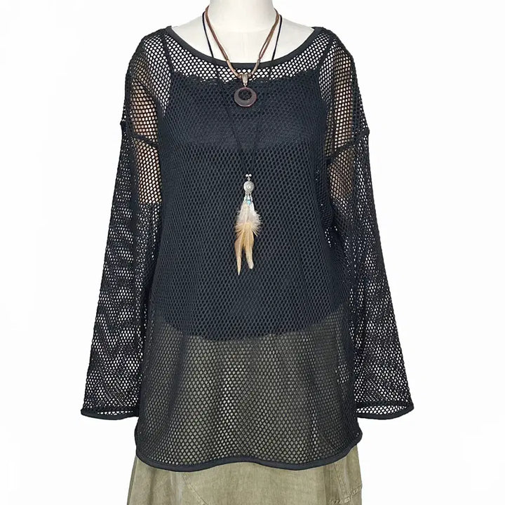 [BUNJANG] Vintage Black Sheer Knit Long Sleeve Top / 일본빈티지 그물시스루 오버루즈롱긴팔티 블랙모리걸하구미룩갸루y2k히피