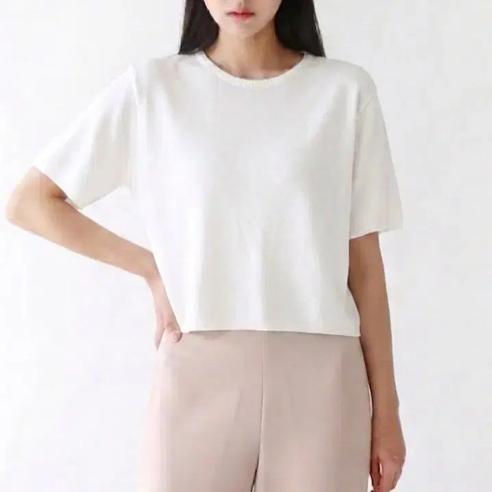 [BUNJANG] White Short-Sleeve Knit T-Shirt (55-66) / 새상품) 얇은 반팔 니트 티셔츠 화이트 55~66