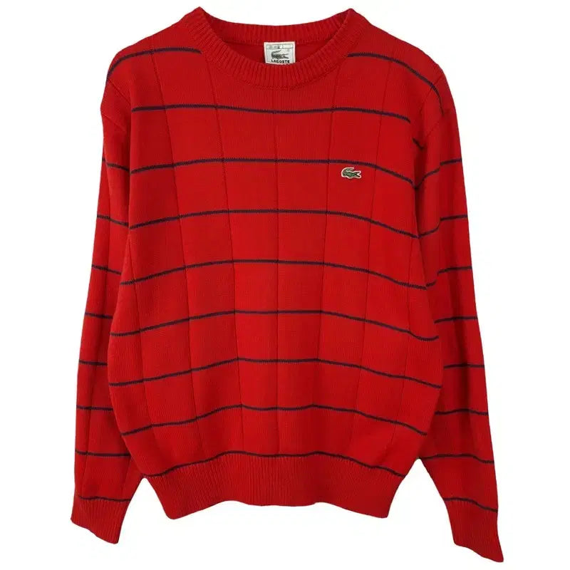 [BUNJANG] Lacoste Logo Patch Stripe Knit Sweater Red / 라코스테 로고 패치 스트라이프 니트 레드 M20433