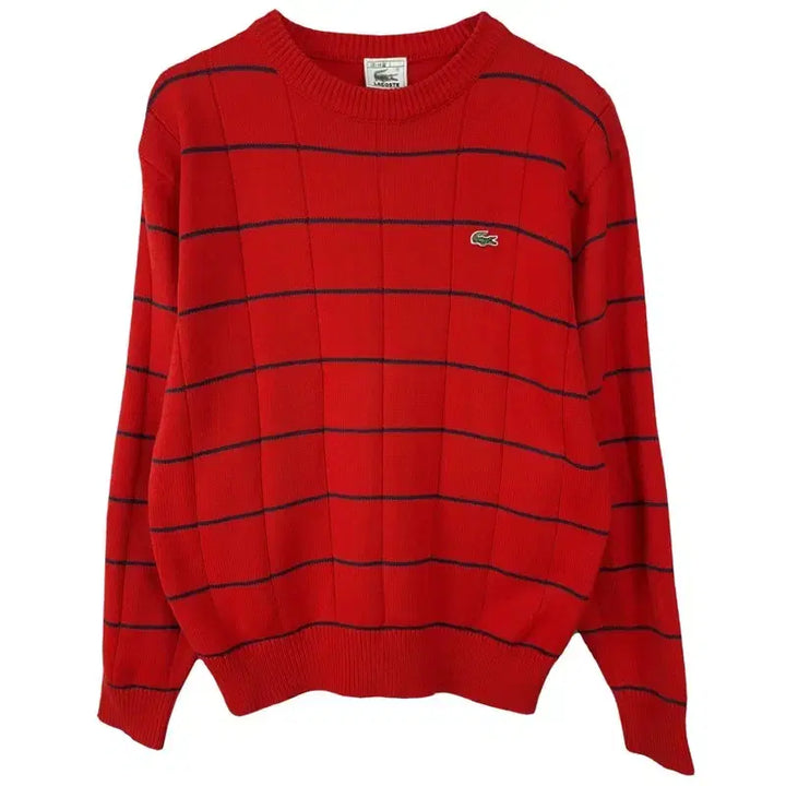 [BUNJANG] Lacoste Logo Patch Stripe Knit Sweater Red / 라코스테 로고 패치 스트라이프 니트 레드 M20433