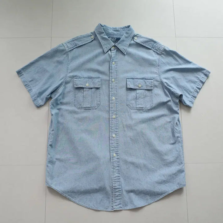 [BUNJANG] Polo Ralph Lauren 90s Chambray Denim Short Sleeve Military Shirt XL / 90s 폴로 랄프로렌 밀리터리 샴브레이 데님 반팔 셔츠 XL