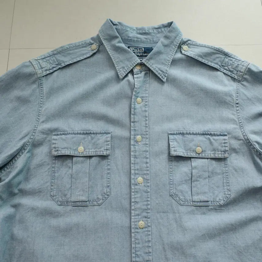 [BUNJANG] Polo Ralph Lauren 90s Chambray Denim Short Sleeve Military Shirt XL / 90s 폴로 랄프로렌 밀리터리 샴브레이 데님 반팔 셔츠 XL