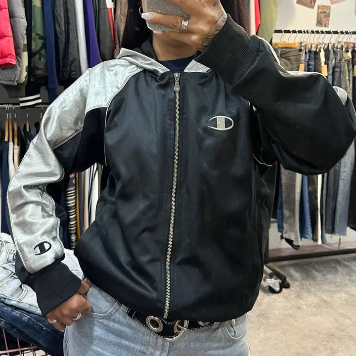 [BUNJANG] Champion Color Block Hooded Jacket / 챔피온 실버/블랙 배색 후드 자켓M