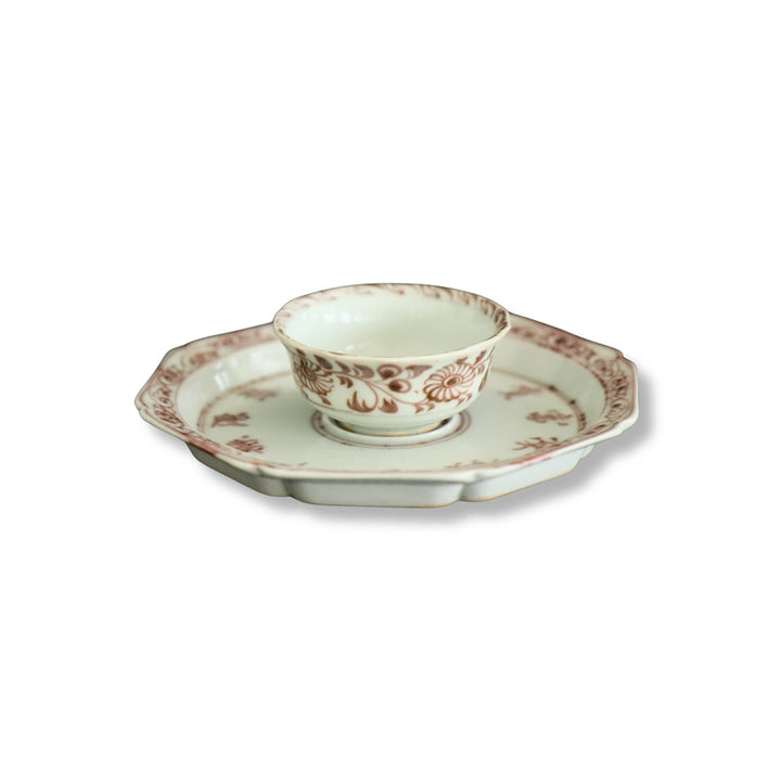 [BUNJANG] Chinese Celadon Porcelain Tea Bowl and Stand Set with Floral, Scroll, and Script Motifs / 유리홍화훼당초서문잔잔대 [중국도자기]