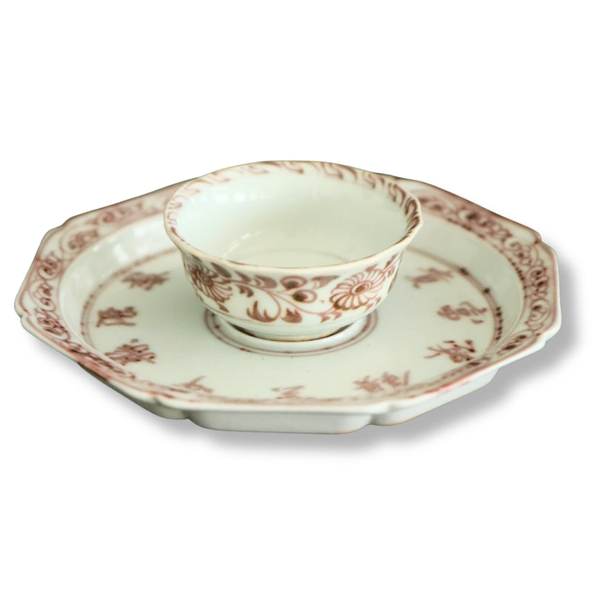 [BUNJANG] Chinese Celadon Porcelain Tea Bowl and Stand Set with Floral, Scroll, and Script Motifs / 유리홍화훼당초서문잔잔대 [중국도자기]