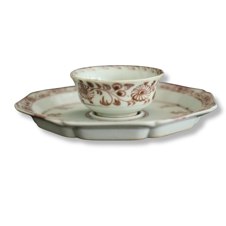 [BUNJANG] Chinese Celadon Porcelain Tea Bowl and Stand Set with Floral, Scroll, and Script Motifs / 유리홍화훼당초서문잔잔대 [중국도자기]