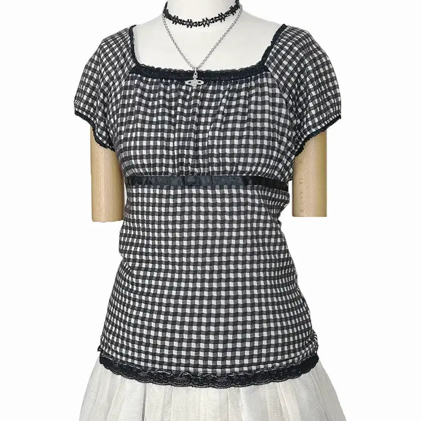 [BUNJANG] Vintage Check Lace Satin Ribbon Balloon Cap Sleeve Tee Black / 일본빈티지 체크레이스새틴리본 벌룬캡소매티 블랙 모리걸하구미룩갸루y2k히피
