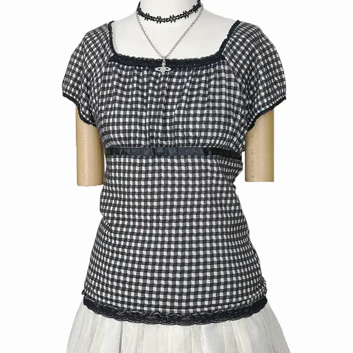 [BUNJANG] Vintage Check Lace Satin Ribbon Balloon Cap Sleeve Tee Black / 일본빈티지 체크레이스새틴리본 벌룬캡소매티 블랙 모리걸하구미룩갸루y2k히피