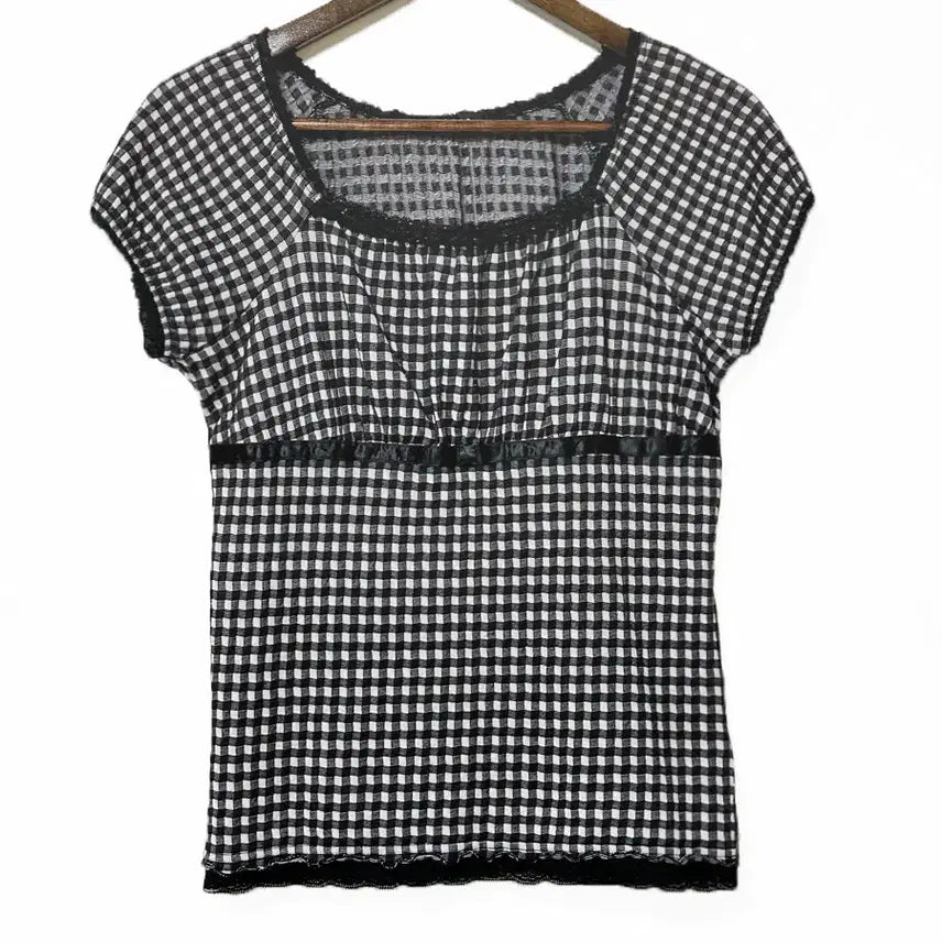 [BUNJANG] Vintage Check Lace Satin Ribbon Balloon Cap Sleeve Tee Black / 일본빈티지 체크레이스새틴리본 벌룬캡소매티 블랙 모리걸하구미룩갸루y2k히피
