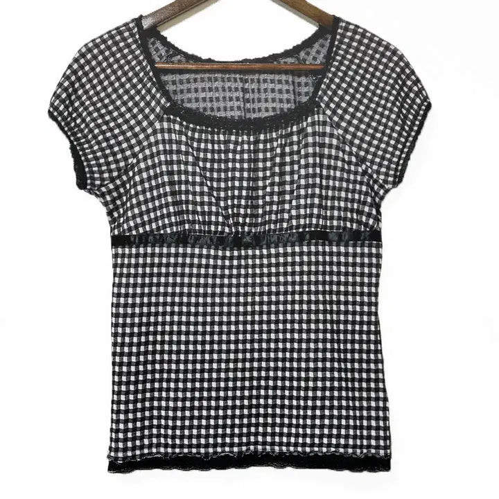 [BUNJANG] Vintage Check Lace Satin Ribbon Balloon Cap Sleeve Tee Black / 일본빈티지 체크레이스새틴리본 벌룬캡소매티 블랙 모리걸하구미룩갸루y2k히피