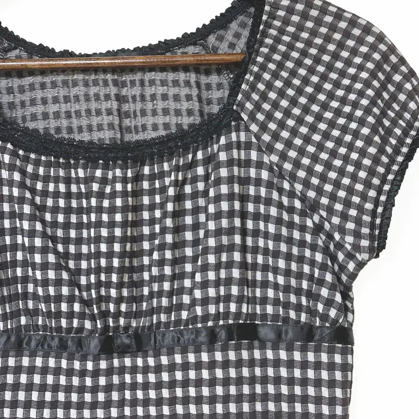 [BUNJANG] Vintage Check Lace Satin Ribbon Balloon Cap Sleeve Tee Black / 일본빈티지 체크레이스새틴리본 벌룬캡소매티 블랙 모리걸하구미룩갸루y2k히피