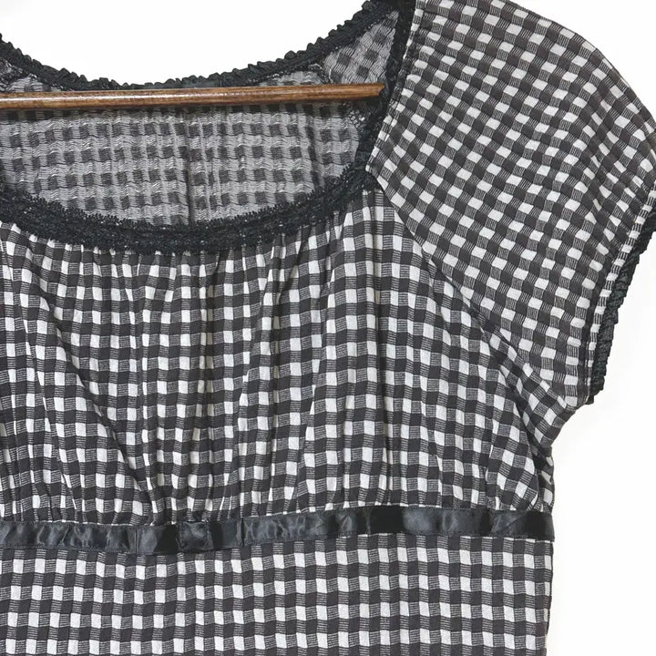[BUNJANG] Vintage Check Lace Satin Ribbon Balloon Cap Sleeve Tee Black / 일본빈티지 체크레이스새틴리본 벌룬캡소매티 블랙 모리걸하구미룩갸루y2k히피