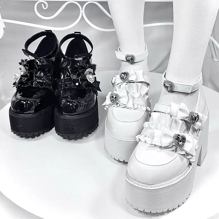 [BUNJANG] Heart Ribbon Lolita Platform Shoes (2 Colors) / 양산형 지뢰계 하트 리본 로리타 플랫폼 슈즈 구두(2컬러)