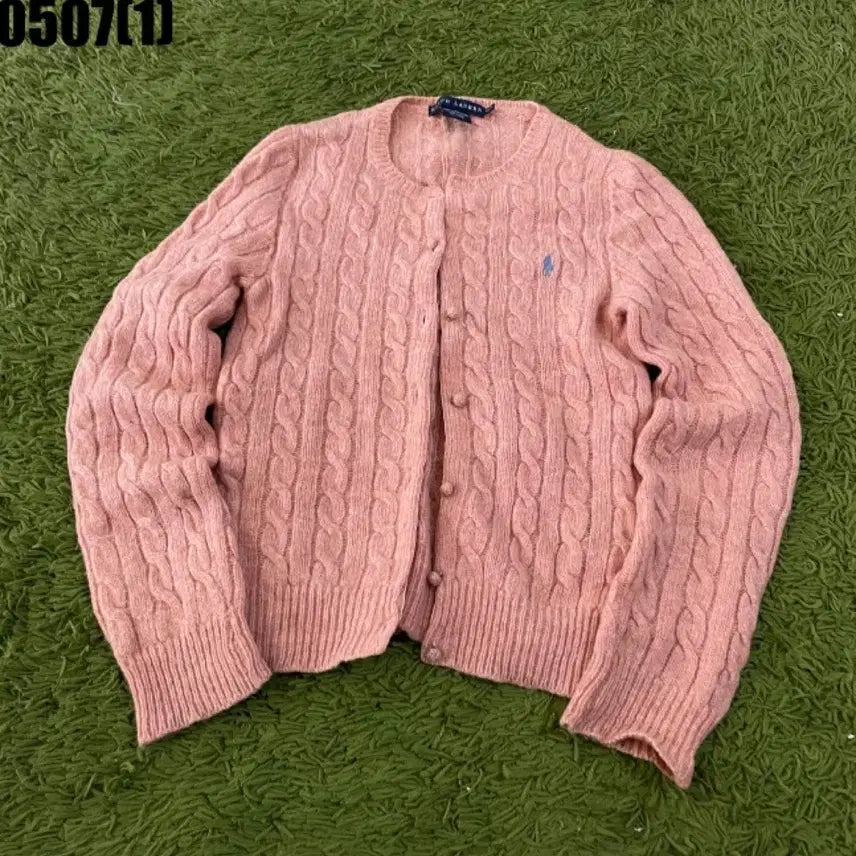 [BUNJANG] Polo Ralph Lauren Cable Knit Cardigan Pink / 폴로 랄프로렌 꽈배기 니트 가디건 핑크