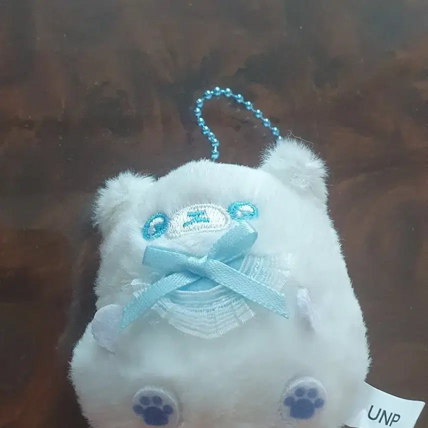 [BUNJANG] White Bear Plush Keychain with Blue Ribbon / 흰색 곰돌이 인형 키링 UNP택 O