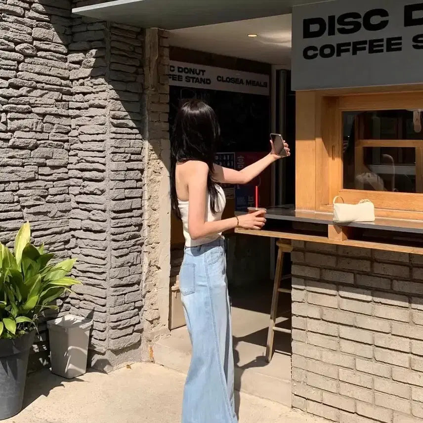[BUNJANG] Lovemeow Joah Diagonal Denim Pants / 러브미우 주아 사선 데님 팬츠