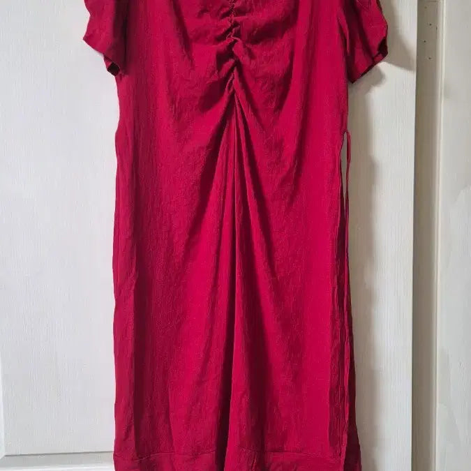 [BUNJANG] Shirring Short Sleeve Long Dress - Red / 셔링 반팔 롱원피스 레드